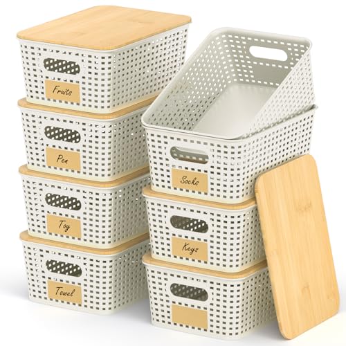 Stackable Storage Basket: Plastic Baskets Bins, Baskets for Organizing, Pantry Decorative Containers for Closets, Cabinets, Shelves(8 Pack, White) - color: White