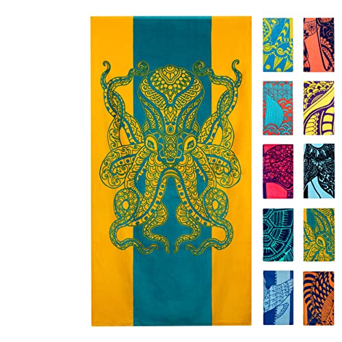 Nova Blue Octopus Beach Towel (34 X 63) – Orange & Teal Colorway with Tropical Design Travel Beach Towels Made from 100% Cotton – Vibrant Colorful Blanket Towel –Beach Towel for Adults - color: Octopus