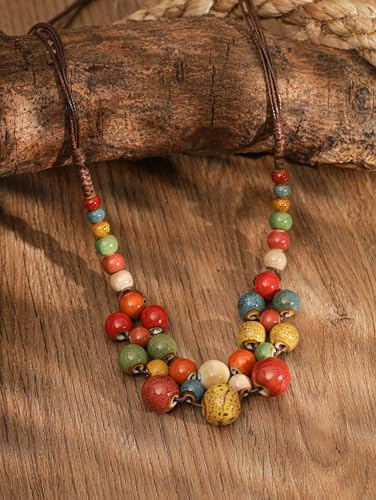 MINACHI Hippie Boho Colorful Ceramic Round Beads Strand Necklace, Bohemian Fashion Statement Jewelry Gift for Women - color: S08