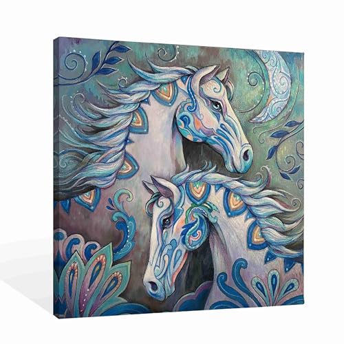 SiuSue Blue Boho Dreamy White Horse Witchy Moon Canvas Wall Art Poster Prints Artwork Pictures Framed for Home Bedroom Living Room Meditation Room, 12x12 Inch - color: Horse-4