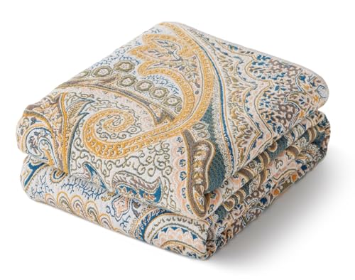 100% Cotton Boho Throw Blanket for Home Decor – Classic Farmhouse Quilt Bedding, Muslin Blankets for Adults, Vintage Woven Decorative Blanket for Couch, Bed Layering Use, Paisley Pattern, 90"x90" - color: 2 - Paisley, size: Queen(90 x 90 Inch)