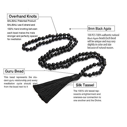 8MM Beads Chakra Long Mala Necklace Natural Stone Meditation Statement Necklace Japa Yoga Buddhist Rosary Prayer Charm Beaded Tassel Necklace - color: Black Agate