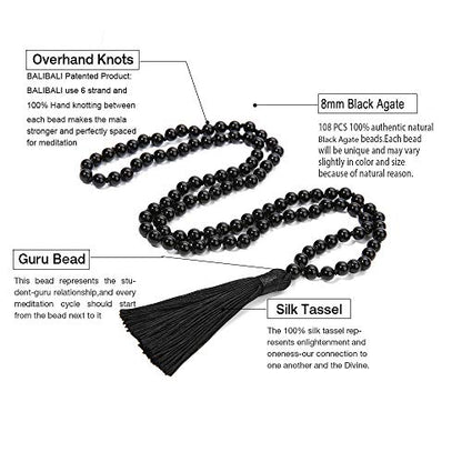 8MM Beads Chakra Long Mala Necklace Natural Stone Meditation Statement Necklace Japa Yoga Buddhist Rosary Prayer Charm Beaded Tassel Necklace - color: Black Agate