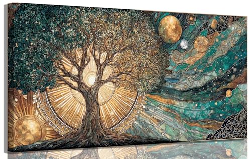 Large Frame Tree of Life Canvas Wall Art Sun and Moon Cosmic Picture Wall Decor Celestial Tree of Life Poster Print for Meditation Corner Yoga Room Living room Bedroom Home Decoration 32x16in - color: Cosmic Tree of Life, size: 32"L x 16"W