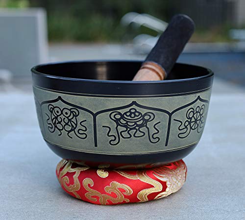 Tibetan Meditation 8 Lucky Symbols Singing Bowl Mallet Mat Cushion Set (7 Inches, 8 Lucky Symbols) - color: 8 Lucky Symbols, size: 7 Inches