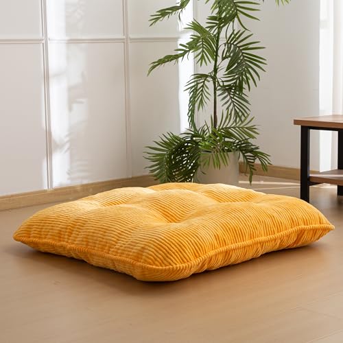 HIGOGOGO Washable Floor Pillow Cushion for Adults, Meditation Cushion Pillow, Extra Large Square Floor Sitting, Removable Tufted Corduroy Cover, for Tatami Living Room or Yoga, 34x34x3.5Inch, Orange
