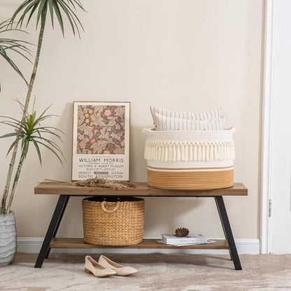 KAKAMAY Large Blanket Basket (20"x13"),Woven Baskets for storage Baby Laundry Hamper, Cotton Rope Blanket Basket for Living Room, Laundry, Nursery, Pillows, Baby Toy chest (Brown Fringe) - color: Brown Fringe