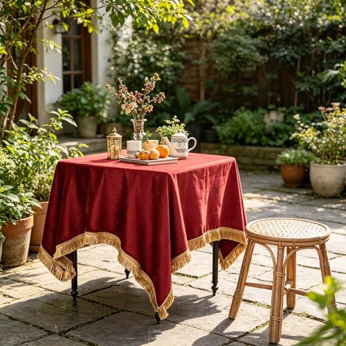 Velvet Tablecloth Luxurious Red Rectangle Table Tablecloth Thickset with Luxurious Gold Tassels Table Cloth for Home Decor Christmas Wedding, Party, Banquet and Events 36X36inch