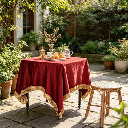 Velvet Tablecloth Luxurious Red Rectangle Table Tablecloth Thickset with Luxurious Gold Tassels Table Cloth for Home Decor Christmas Wedding, Party, Banquet and Events 36X36inch