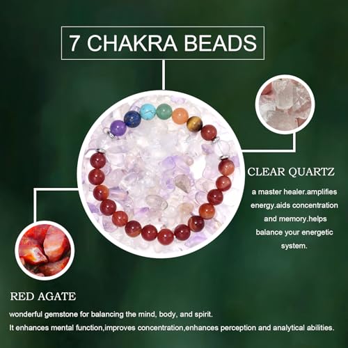 Strong Healing Crystal Bracelet 8MM Genuine Stone Bracelet Lucky Beaded Bracelet Chakra Bracelet 6.5 inch Positive Energy Inspirational Gifts for Women Mom - style: 7 Chakra-Red Agate