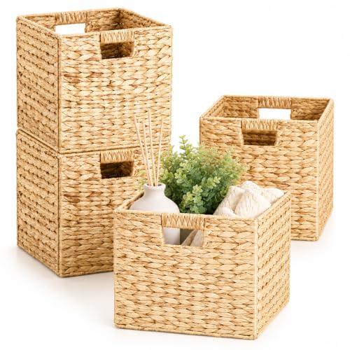 Layhit 4 Pcs Wicker Storage Basket Water Hyacinth Handwoven Baskets with Handles Foldable Woven Organizer Multipurpose Wicker Storage Bins for Bedroom Living Room(12 x 12 x 12'',Natural)