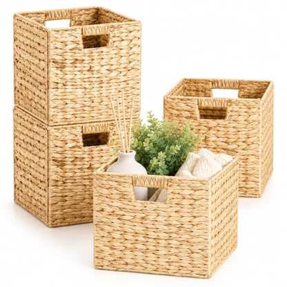 Layhit 4 Pcs Wicker Storage Basket Water Hyacinth Handwoven Baskets with Handles Foldable Woven Organizer Multipurpose Wicker Storage Bins for Bedroom Living Room(12 x 12 x 12'',Natural)
