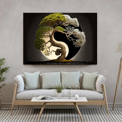 Yin And Yang Wall Art, Abstract Bonsai Tree Wall Art, Zen Meditation Wall Decor, Modern Yin Yang Framed Poster For Bedroom Ready To Hang (Framed,16×24 inch) - size: 24"L x 16"W