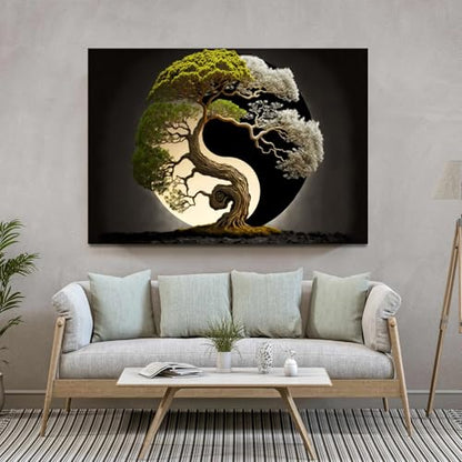 Yin And Yang Wall Art, Abstract Bonsai Tree Wall Art, Zen Meditation Wall Decor, Modern Yin Yang Framed Poster For Bedroom Ready To Hang (Framed,12×18 inch) - size: 12×18 inch