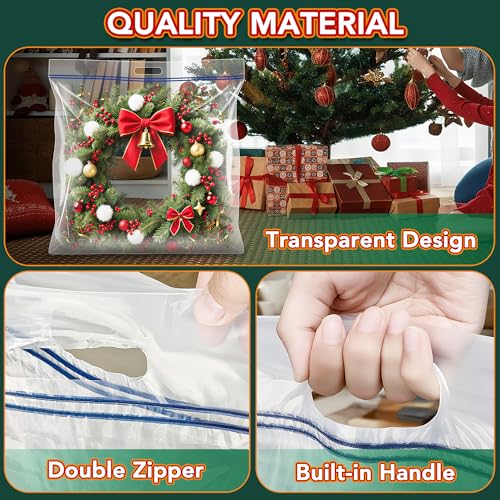 Extra Large Clear Wreath Storage Plastic Bag with Handle For Halloween Summer Christmas Decoration or Clothing Blanket Comforters Bed Sheets Pillows, 4 Pack, 34"x34"x7"