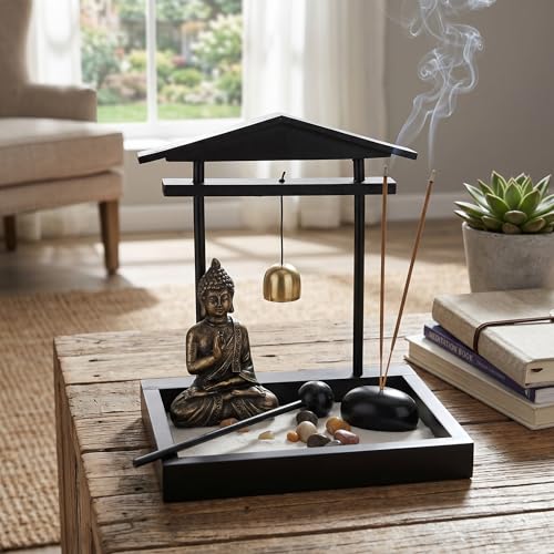 HEEPDD Desktop Zen Garden Kit with Buddha Statue, Incense Holder, Mallet, Rocks for Meditation, Yoga, Office Decor