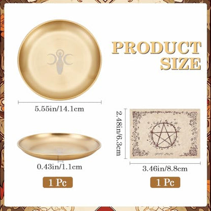 CREATCABIN Tarot Theme Altar Plate Moon Ritual Burning Candle Holder Bowls Offering Incense Aromatherapy Tray Ceremony Plate with Altar Card Home Decor for Witchcraft Wiccan Wedding Golden 5.55 Inch - style: Moon
