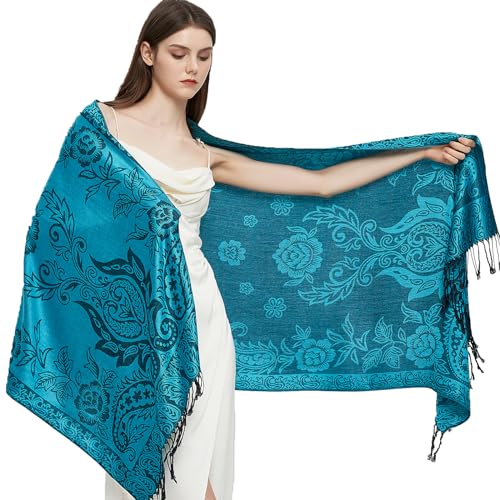 Pashmina Shawl Wrap with Ethnic Paisley Two Tone Jacquard Scarf for Women - color: Paisley-blue