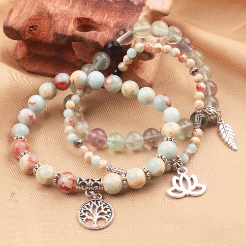 Tree of Life Yoga Healing Stone Bracelets,Multilayer Lotus Chakra Stone Reiki Bracelet Sets,Anxiety Crystal Natural Stone,for Women Stress Relief - style: Shoushan Stone+Fluorite