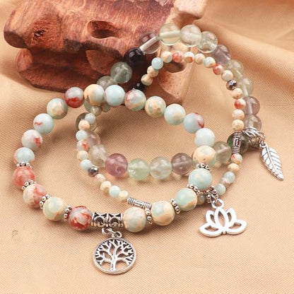 Tree of Life Yoga Healing Stone Bracelets,Multilayer Lotus Chakra Stone Reiki Bracelet Sets,Anxiety Crystal Natural Stone,for Women Stress Relief - style: Shoushan Stone+Fluorite