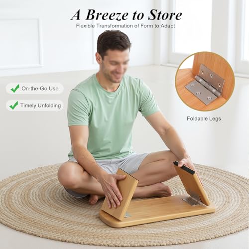 Foldable Meditation Bench with Cushion,Bamboo Meditation Stool,Portable Kneeling Stool,Prayer Bench,Green,Wood Color - color: Green,wood Color