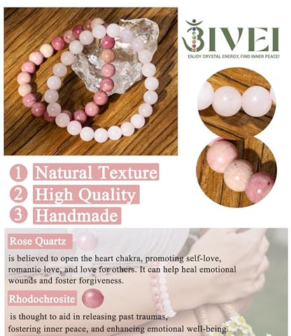 Bivei Natural Gemstone Semi Precious Healing Crystals Handmade Stretchy Round Beads Bracelet,Stocking Stuffers for Women Enhance Positive Energy - color: 8mm Rose Quartz & Rhodochrosite (Self Love), size: Large: 8-8.26 inch