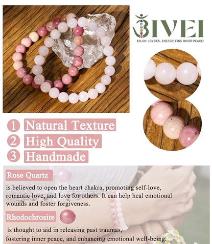 Bivei Natural Gemstone Semi Precious Healing Crystals Handmade Stretchy Round Beads Bracelet,Stocking Stuffers for Women Enhance Positive Energy - color: 8mm Rose Quartz & Rhodochrosite (Self Love), size: Medium: 6.8-7.24 inch