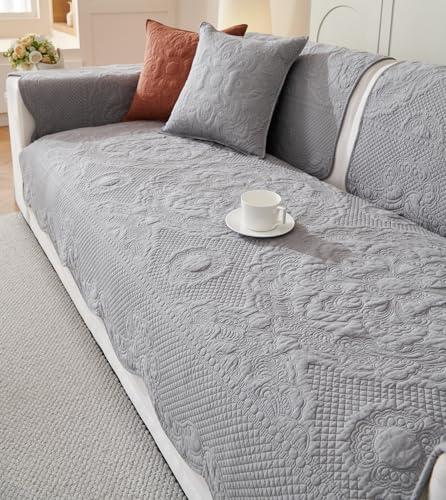 vctops Boho Cotton Quilted Couch Cover Soft Embroidered Sofa Cover Non-Slip Dog Bed Cover Scalloped Sofa Slipcover Washable Furniture Protector Cover (Light Grey,28"x59") - color: Light Grey, size: 1pc/28"x59"/Rectangular