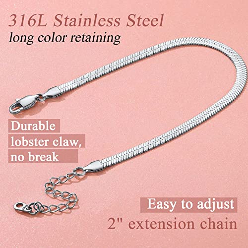 FindChic Elegant Herringbone Snake Chain Anklets/Bracelets 3MM/5MM Width Stainless Steel/18K Gold/Rose Gold Plated/Black 4 Color Options, 8.3'' 8.5'' 10.5'' Length, with Gift Box - color: A: 5mm 8.5'' anklet (Stainless Steel)