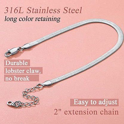 FindChic Elegant Herringbone Snake Chain Anklets/Bracelets 3MM/5MM Width Stainless Steel/18K Gold/Rose Gold Plated/Black 4 Color Options, 8.3'' 8.5'' 10.5'' Length, with Gift Box - color: A: 5mm 8.5'' anklet (Stainless Steel)