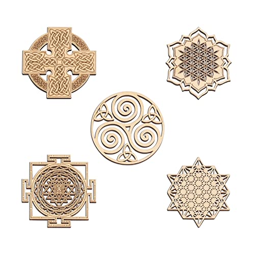 Fourth Level MFG 5-PCS 2" Assorted Pack 2, Sacred Geometry Wood, Mall Spiritual Tokens/Charms/Trinkets, for Symbolic Gifts, Home Wall Arts, Altar Amulets - color: 2" Assorted Pack 2