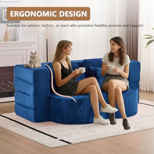 2-in-1 Folding Sofa Bed with Pillow, No Assembly Futon Twin Size Sofa Bed, Breathable Velvet Convertible Couch Bed for Living Room and Guest Room, 78.7 Inch, Blue - color: Blue-78.7", size: 2 seat