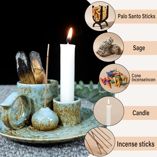 MOUGIGI 5-in-1 Ceramic Palo Santo Burner Holder Blue -Small Candle Holder & Smudge Burning Tray Bowl,Fits Incense Sticks/Cones, Sage.Zen Altar for Meditation Room, Aromatic Scents, Matches Compatible - color: Multifunctional Palo Plate-blue