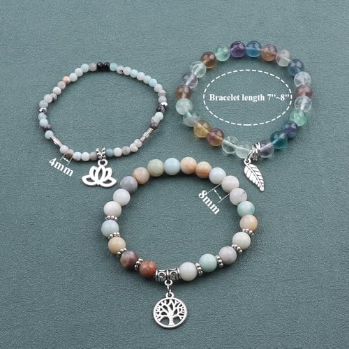 Tree of Life Yoga Healing Stone Bracelets,Multilayer Lotus Chakra Stone Reiki Bracelet Sets,Anxiety Crystal Natural Stone,for Women Stress Relief - style: Amazonite + Fluorite