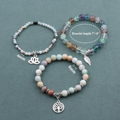 Tree of Life Yoga Healing Stone Bracelets,Multilayer Lotus Chakra Stone Reiki Bracelet Sets,Anxiety Crystal Natural Stone,for Women Stress Relief - style: Amazonite + Fluorite