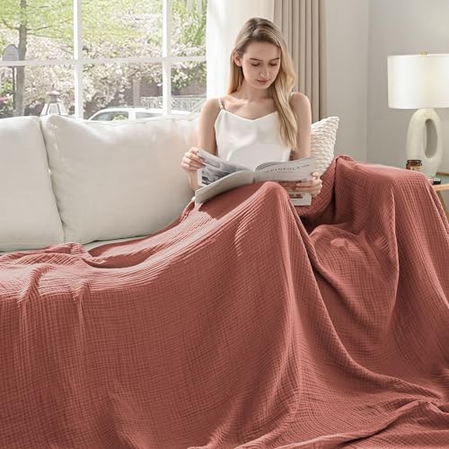 Esterra Muslin Throw Blanket 50x65 Inches Cozy Soft Lightweight Pre-Washed Cotton Blanket, All Season Breathable 4-Layer Gauze Blanket Throw for Sofa Couch Bed, Copper Brown - color: 07 - Copper Brown, size: Throw (50"x65")