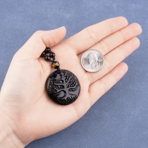 Black Obsidian Necklace Protection Pendant with Extended Bead Chain Healing Crystal Stone Amulet Necklace for Men Women - color: Tree of Life