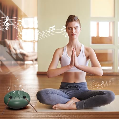 Rain Drum for Outside Garden, 6 Inches 8 Notes Steel Tongue Chakra Drums, Waterproof Meditation Rain Chime, Musical Instruments for Adult Gift with Bag, Music Book, Drum Mallets (Green)