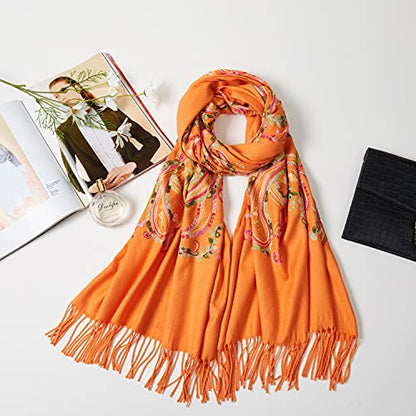 Embroidered Brushed Shawl Paisley Leaves Pattern Scarf Soft Ponchos Wrap Cape With Fringes - color: 09-orange