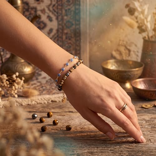 Farfume Crystal Bracelet Beaded Bracelets 4mm Natural Stone Beads Gemstone Handmade Jewelry Gift for Women - color: Evil Eye-Protection & Good Luck