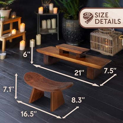 Meditation Altar Table and Meditation Ergonomic Kneeling Bench Bundle - Made of Strong and Durable Mango Wood