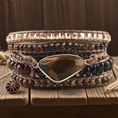 Boho Wrap Bracelet for Women, Handmade Natural Imperial Jasper Multi-Layer Stone Beaded Bracelet, Bohemian Healing Crystal Stone Jewelry Gifts - color: Tiger Eye #2