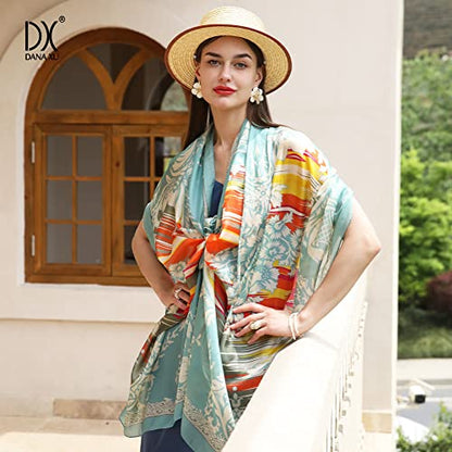 100% Mulberry Extra Large Silk Pashmina Scarf Shawls And Wraps For Women Evening Dress Summer Travel Floral Blanket - color: Light Blue Feather Grace