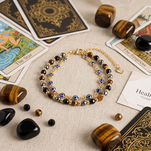 Farfume Crystal Bracelet Beaded Bracelets 4mm Natural Stone Beads Gemstone Handmade Jewelry Gift for Women - color: Evil Eye-Protection & Good Luck