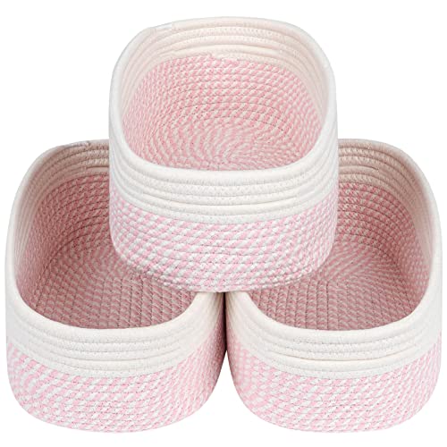 CubesLand Rectangle Organization/Storage Basket, Natural Cotton Rope Woven Baskets for Organizing, Small Basket for Kids, Baby Nursery, Cat Dog Toy Baskets, Organizer Bins for Shelves 3 Packs - color: Off White/Mixed Pink, size: 3pcs-small basket