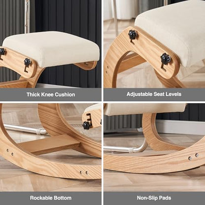 Ergonomic Kneeling Chair, Adjustable Rocking Office Chair Wooden Knee Chair Posture Chair for Home Office Back Pain Relief, Beige - color: Beige