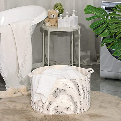 KAKAMAY Large Blanket Basket (20"x13"),Woven Baskets for storage Baby Laundry Hamper，Cotton Rope Blanket Basket for Living Room, Laundry, Nursery, Pillows, Off White with Blue & Brown Dotted Pattern - color: White Dot
