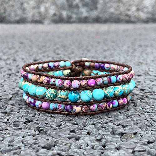 YGLINE Boho Handmade Natural Stone Bead 3 Row Wide Wrap Wrist Statment Bracelet Jewelry Collection - color: 2pcs/set