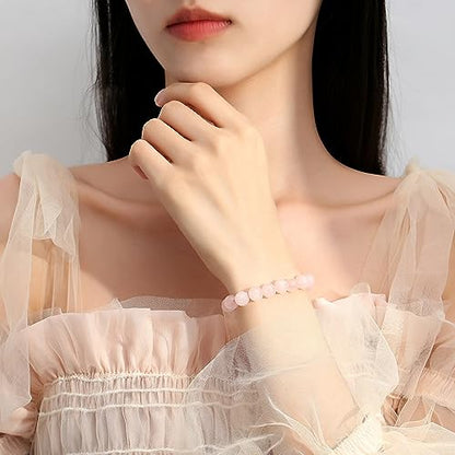 MAIBAOTA Healing Crystal Bracelet for Women Men, 8/4 mm Natural Stone Beaded Bracelets, Jewelry Birthday Gifts, Round Gemstones Stretch Bracelets - color: Pink-Rose Quartz, size: 8 mm