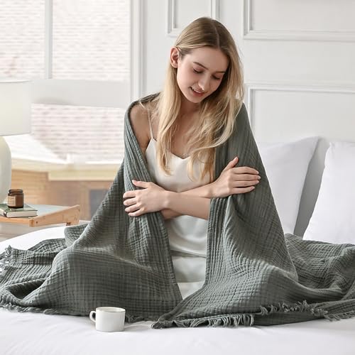 Esterra Muslin Throw Blanket 50x65 Inches Cozy Soft Lightweight Pre-Washed Cotton Blanket, All Season Breathable 4-Layer Gauze Blanket Throw for Sofa Couch Bed, Dusty Olive - color: 12 - Dusty Olive, size: Throw (50"x65")